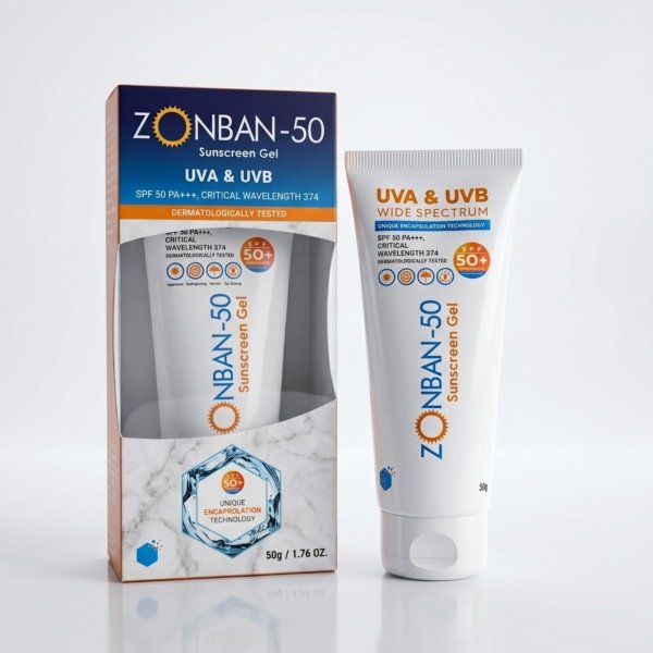 ZONBAN-50 Sunscreen Gel SPF 50 PA+++ | Broad Spectrum UVA & UVB Protection with Encapsulation Technology